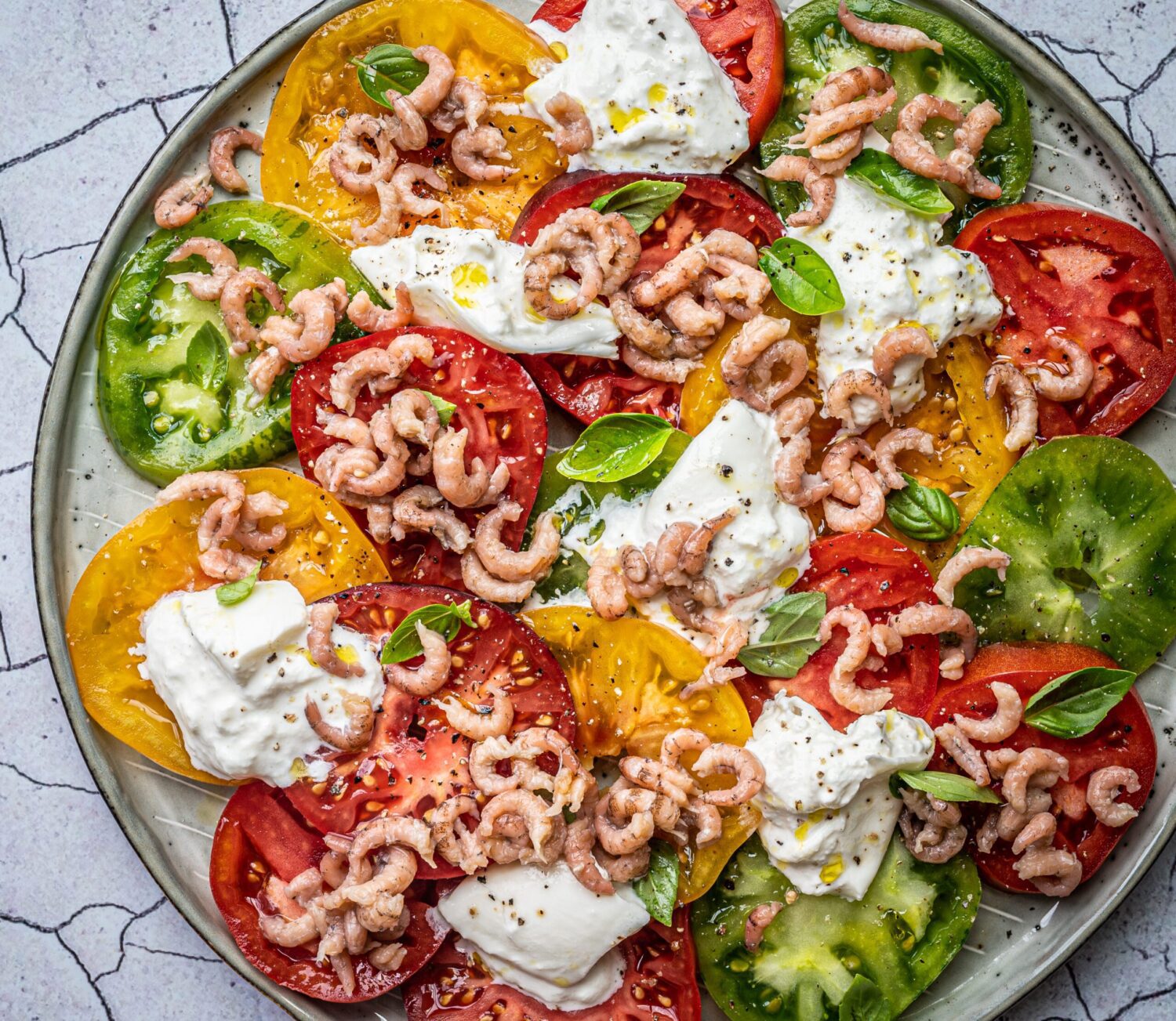 Salade met tomaten, burrata en garnalen